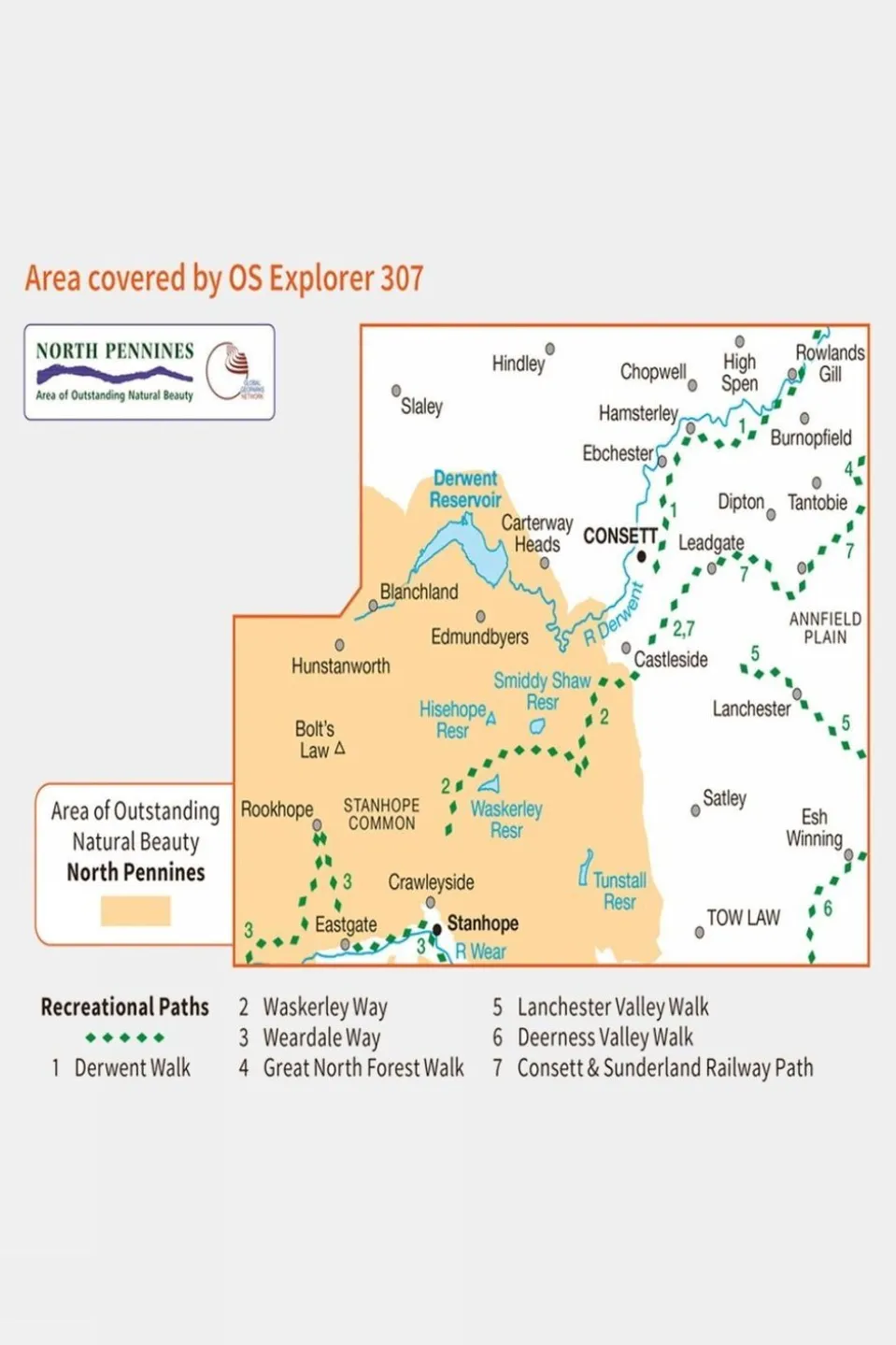 Explorer Map 307 Consett and Derwent Reservoir
